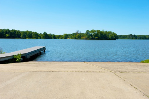 boat ramp and dock at a lake in New Jersey on summer day.