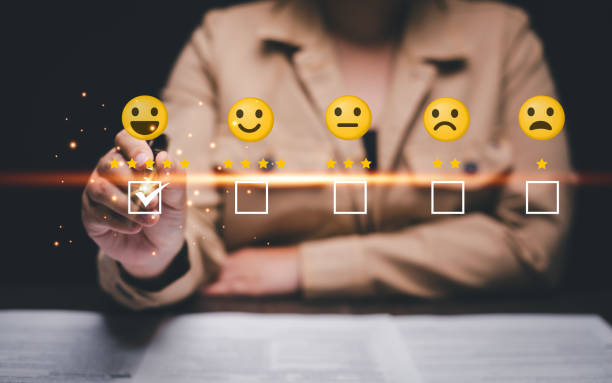 istock Customer service satisfaction concept. Hand Check marks of Positive emotion smiley face icon and five stars with copy space. Satisfied, feedback, review, good, best, good product and service, quality 1866827331