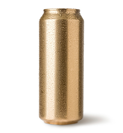 golden can with water drops isolated on white