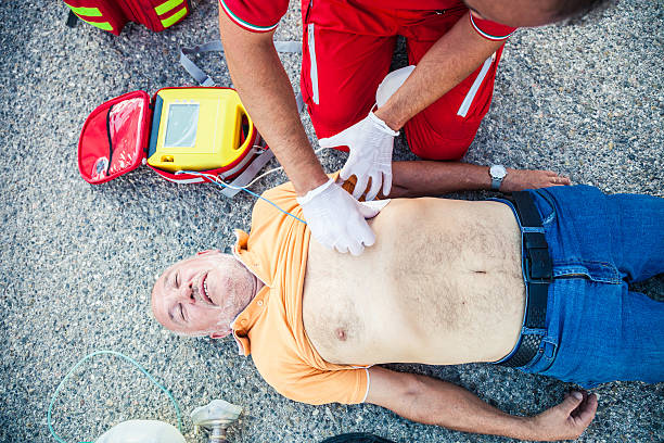Myocardial attack on the street Myocardial attack on the street, rescue team arrived in place. defibrillator photos stock pictures, royalty-free photos & images