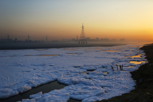 Think foam pollution covers the Yamuna river in New Delhi