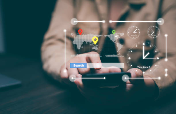 istock Time zone and Maps virtual world and model map with location point, GPS app, icon Travel maps and find places in the online system, all screen graphics are generated, Searching for travel. 1866844814