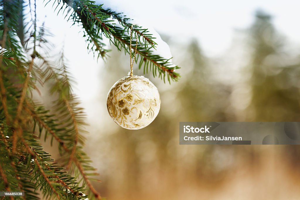 christmas bauble appeso ad albero all'aperto nella neve - Foto stock royalty-free di Alba - Crepuscolo