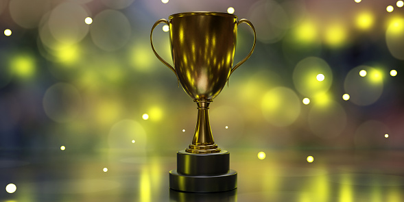 Bronze steel trophy cup with dual handle on bokeh light background. A reminder of a specific achievement, shiny metallic reward for third position. 3d render