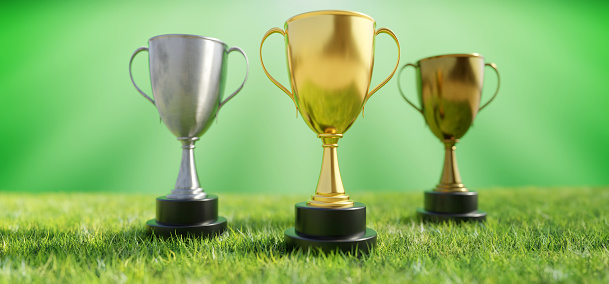 Gold silver bronze trophy cup with dual handle on grass, blur green background. A reminder of a specific achievement, shiny metallic reward. 3d render