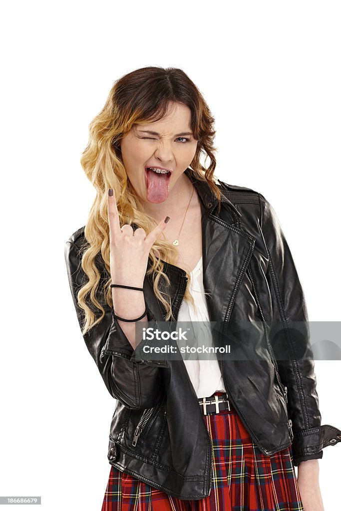 Crazy Chica joven haciendo rock and roll de señal - Foto de stock de 18-19 años libre de derechos