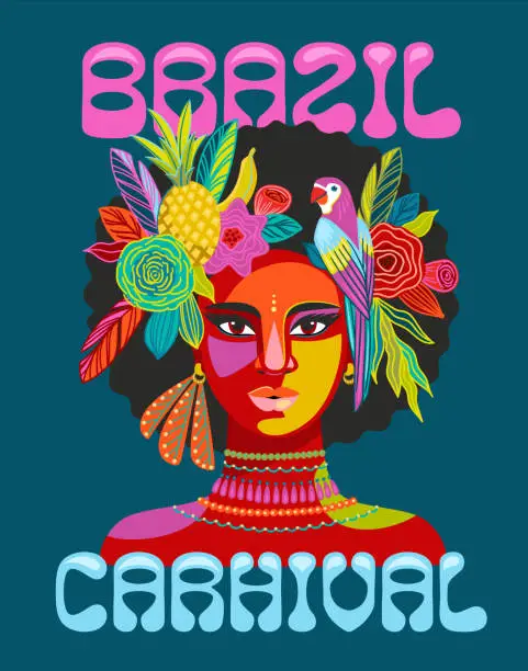 Vector illustration of Poster with portrait of woman in brazil carnival outfit. Vector abstract illustration. Design for carnival concept and other use