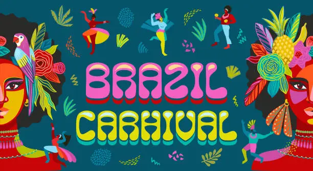 Vector illustration of Banner with portrait of woman and people in brazil carnival outfit. Vector abstract illustration. Design for carnival concept and other