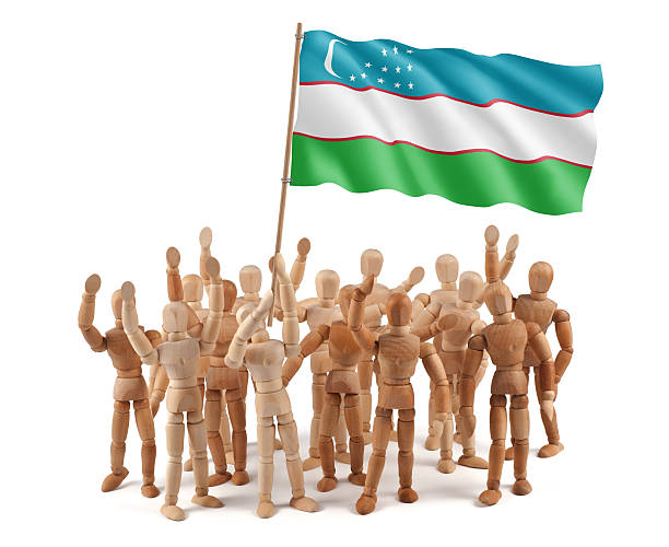 istock Uzbekistan - wooden mannequin group with flag 186687156
