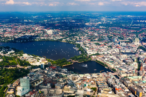 Aerial view of Hamburg - Town hall and Alster lake