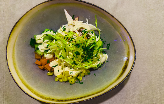 Crab bowl. Salad, fresh herbs. Healthy eating. Diet