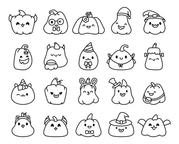 Vector illustration of Cute kawaii Halloween pumpkin. Coloring Page. Holidays cartoon character. Monsters faces. Hand drawn style. Vector drawing. Collection of design elements.