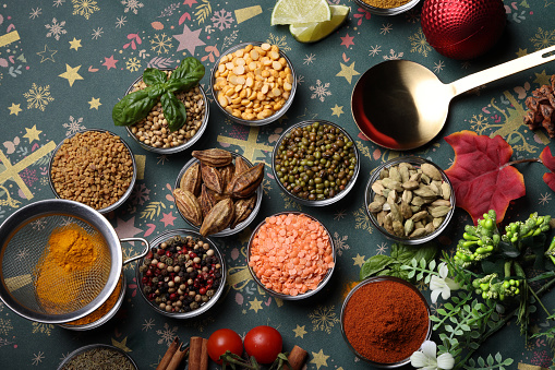Herbs and spices on Christmas Paper