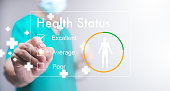 The Woman Doctor uses a pen checkbox for Health status excellence in the Health Status evaluation form, Hospital documents. Medical insurance forms, Doctor paperwork, Health Status concept