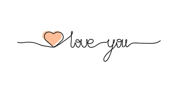 lettering love you with peach fuzz heart, one line art style vector illustration isolated on white background