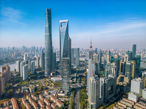 Aerial view of Shanghai skyline and modern buildings with the Huangpu River, China. Panoramic view.