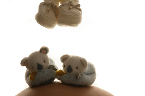 2 small stuffed animals and slippers on a pregnant woman's belly