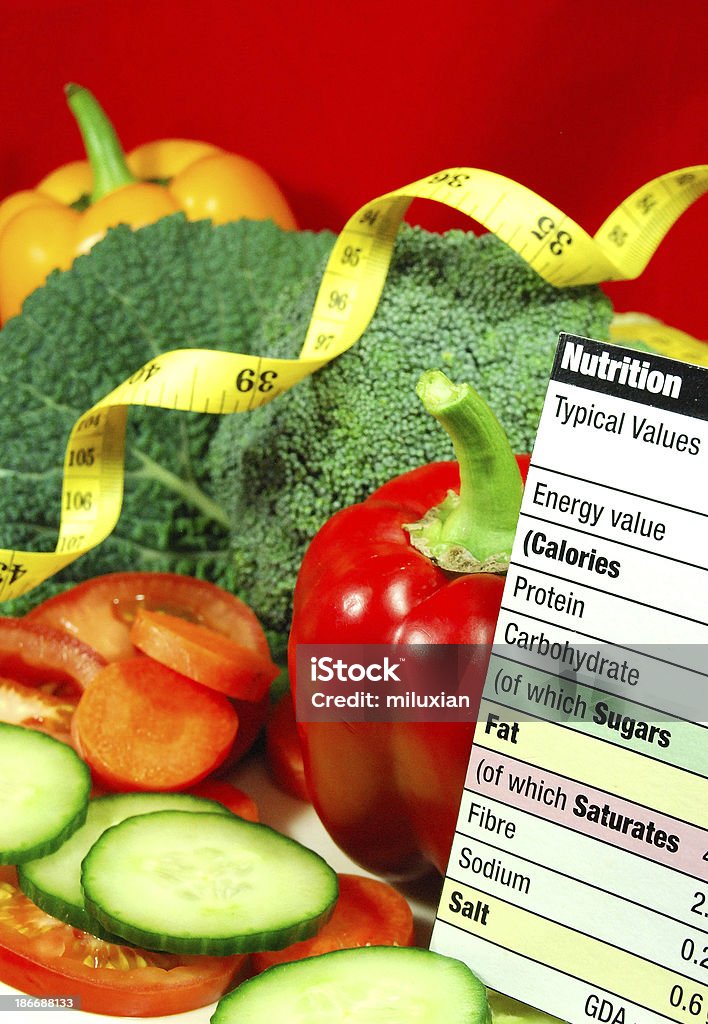 Nutrition Vegetarian nutrition concept with fresh vegetables, measuring tape and nutrition facts. Guidance Stock Photo