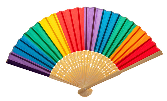 Hand fan isolated on white transparent, Rainbow colors open accessory
