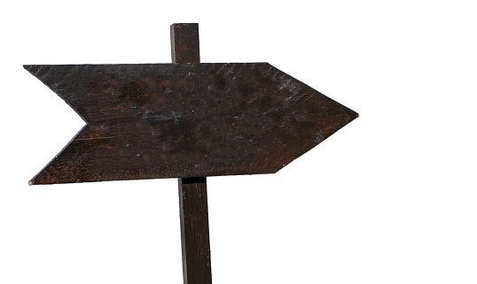 Old wooden arrow sign isolated on white transparent,