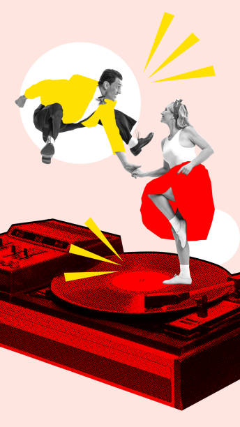 istock Artistic man and woman cheerfully dancing on music layer over light background. Contemporary art collage. Poster 1866898664