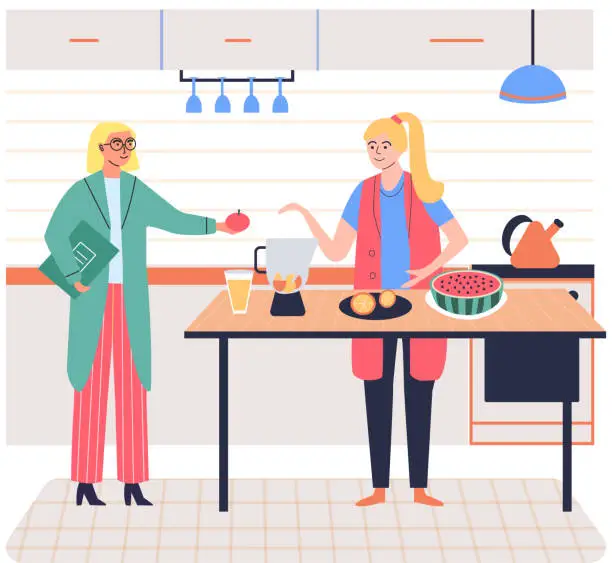 Vector illustration of Women cooking in kitchen talking to friend. People at home preparing food from organic ingredients