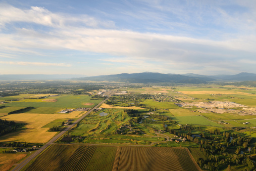 Aerial view of the Flathead Valley in Montana, looking south towards Kalispell.