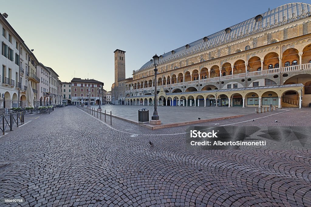 Piazza della Frutta (Padua) Piazza della Frutta, the medieval town square in Padua. On the right, the Palazzo della Ragione. In the background, the Torre degli Anziani. City Stock Photo