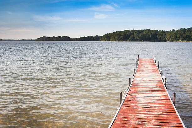 istock Weathered Red Dock Extending into Clear Lake on Summer Day 186690961