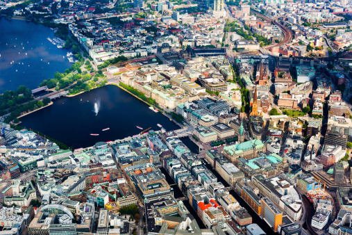Aerial view of Hamburg - Town hall and Alster lake