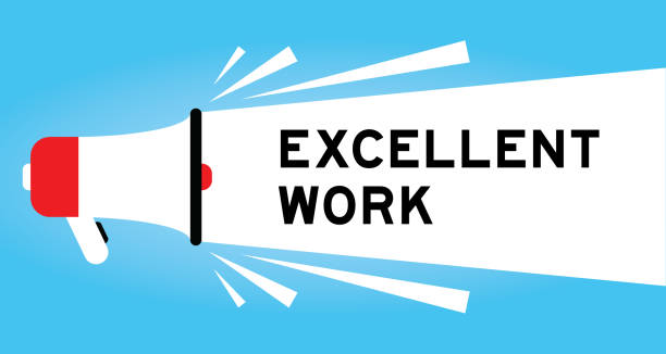 ilustraciones, imágenes clip art, dibujos animados e iconos de stock de icono de megáfono de color con palabra excelente trabajo en banner blanco sobre fondo azul - imponente