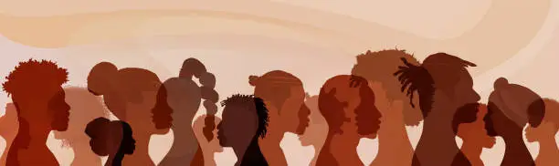 Vector illustration of Profile silhouettes people African and African American. Ethnic group men and women with black skin. Black history month event. Racial equality - justice - identity - anti-racism. Banner
