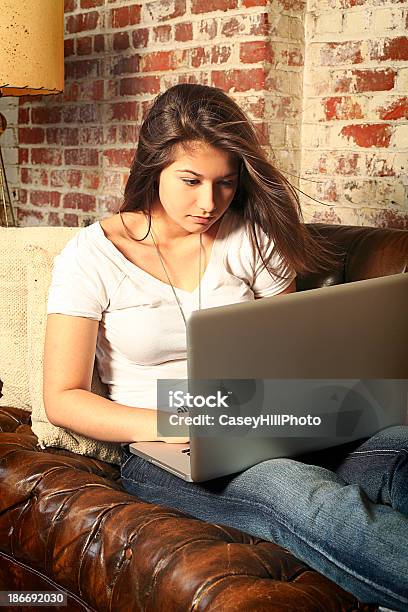 Menina Adolescente A Estudar No Sofá - Fotografias de stock e mais imagens de 18-19 Anos - 18-19 Anos, Adolescente, Aluna da escola secundária