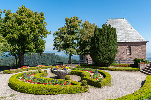 Monastery garden and Chapel of Tears of Hohenburg Monastery on Mont Sainte-Odile near Ottrott. Bas-Rhin department in Alsace region of France