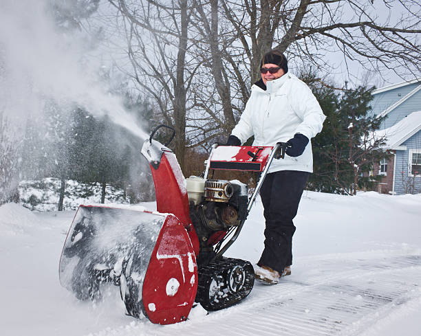 femme dans une tempête de neige avec déneigeuse. - mahone bay photos et images de collection