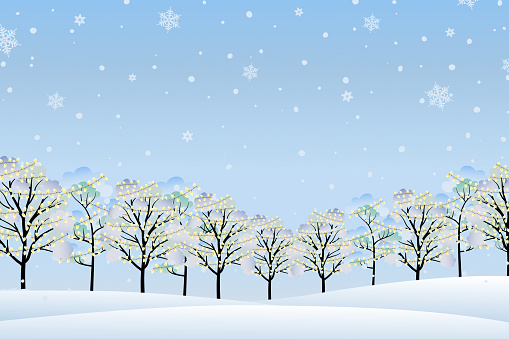 Christmas winter snow landscape background pine tree. Vector illustration. Christmas winter landscape with 3D realistic snow background