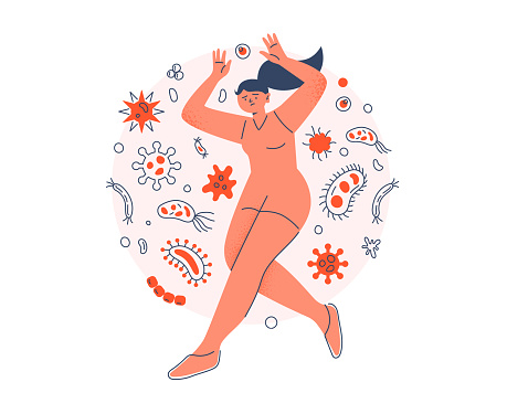 Poor protection against viruses and bacteria. A woman is not protected from viruses, germs, and bacteria. Vector flat illustration on the white background.