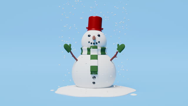 Snowman wearing pot as a hat, scarf and gloves waving at viewer in falling snow
