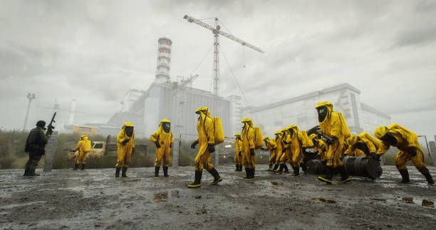 shadow of chornobyl npp - radiation protection suit toxic waste protective suit cleaning stock-fotos und bilder