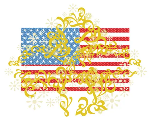 Vector illustration of floral motifs and American flag