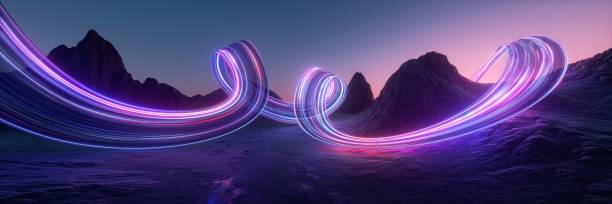 istock 3d render. Aesthetic minimalist wallpaper. Abstract fantastic neon background. Night scenery of glowing speed lines flowing in front of the mountains under the sunset sky 1866962243