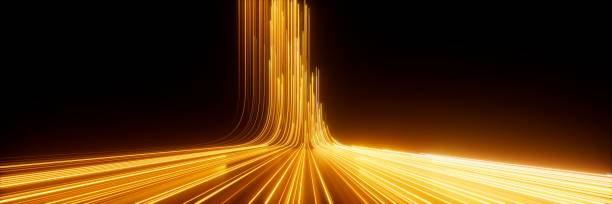 istock 3d rendering, abstract neon background. Modern wallpaper with glowing gold ascending lines 1866965402