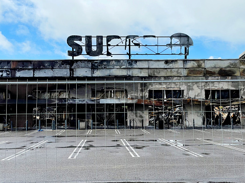 Fire damaged Super U supermarket in La Tranche Sur Mer in France. September 2022