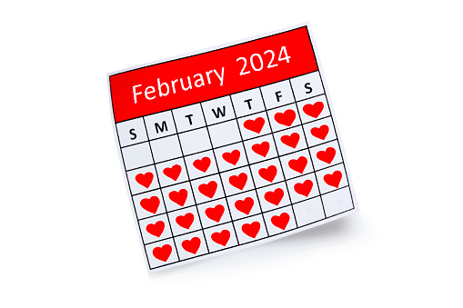 February 2024 Calendar with hearts on white background