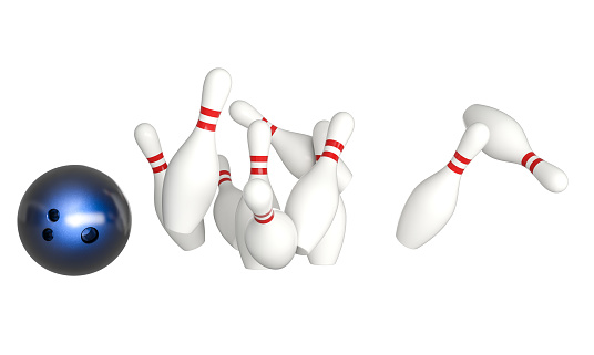 Blue bowling ball hits pins isolated on white. 3d render