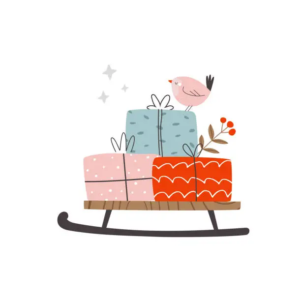 Vector illustration of Holiday composition with a sledge full of gift boxes and a cute bird