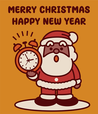 Cute Christmas Characters Vector Art Illustration.
Adorable black Santa Claus holds an alarm clock to remind him of the work to be done on Christmas.