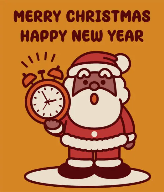 Vector illustration of Adorable black Santa Claus holds an alarm clock to remind him of the work to be done on Christmas