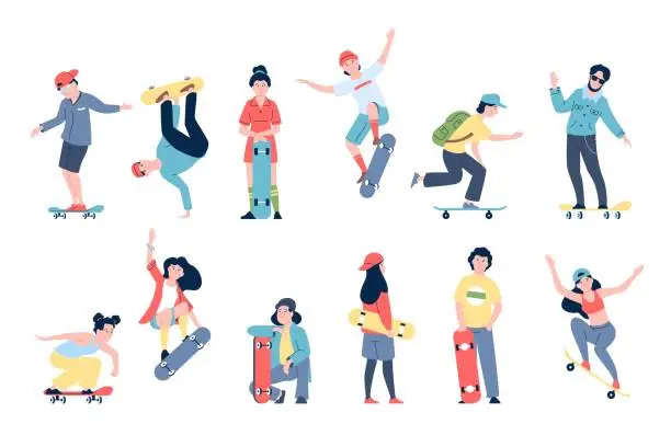 Vector illustration of Skateboarders young characters. Teens riding skateboards, boys and girls active skateboarding. Teenagers popular seasonal activity, recent vector set