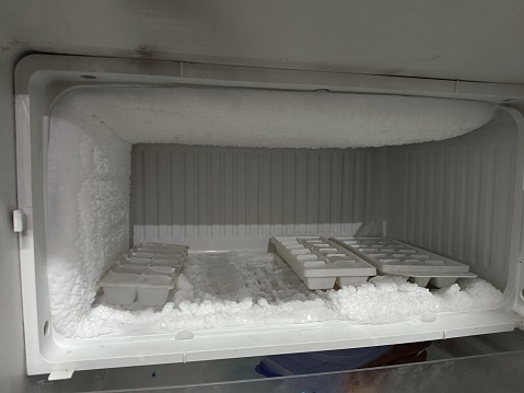 The refrigerator freezer is full of frost and needs to be defrosted immediately